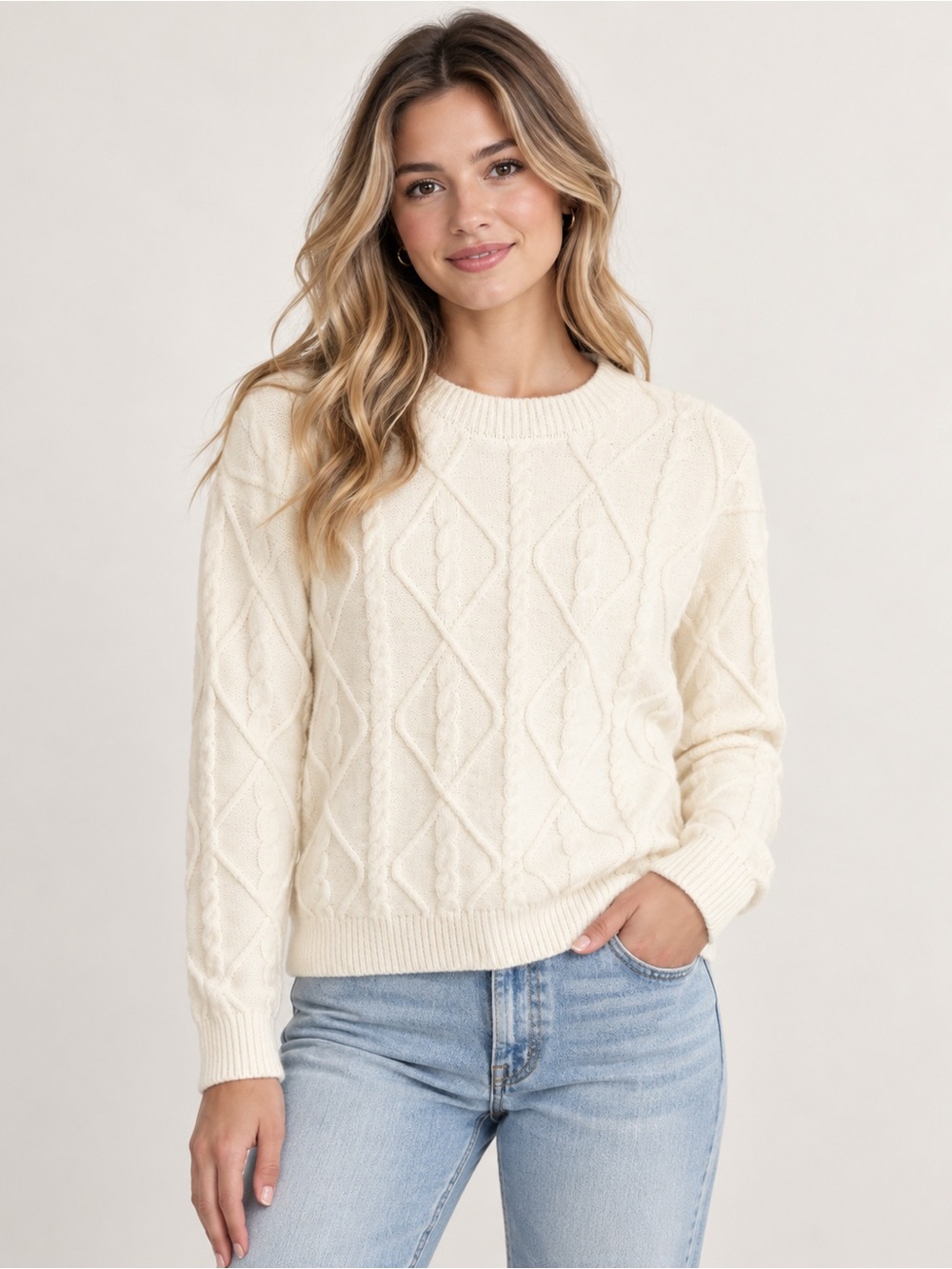 Cable-Stitch Crewneck Sweater in Cream